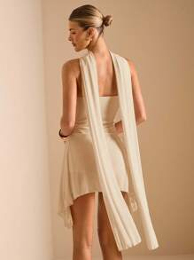 SHEIN BAE Beach Vacation Elegant Solid Black Deep V-Neck Ribbon Mini Dress, Suitable For Daily Dating, Night Out, Nightclubs, Parties, Get-Togethers, Cocktail Parties, Holiday Jumpsuits, Pool Parties, Office Wear, Commuter Dresses,Valentine's Day,Valentine Outfits For Women - Apricot - View 2