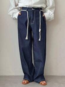 FRIFUL Women's Pocket Loose Wide Leg Casual Versatile Jeans Wide Leg Jeans Women Women Jeans Baggy Drawstring Pants Elastic Waist Jeans Baggy Jeans - Blue - View 7