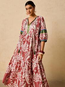 Travachic Plus Size Women's Pink & Green Tropical Plant Print Maxi Dress, V-Neck Tie Bow Long Sleeve Loose Casual Dress, Early Autumn Boho Dress Women Summer Dresses For Women With Sleeves Resort Dresses For Women Floral Print Dress French Dresses For Women Autumn Dress Going Out Dress Fall Clothes Fall Clothes Plus Size Autumn Clothes Wedding Guest Dress Elegant  Old Money Beach Outfits For Woman Resort Wear Women Ibiza Outfit