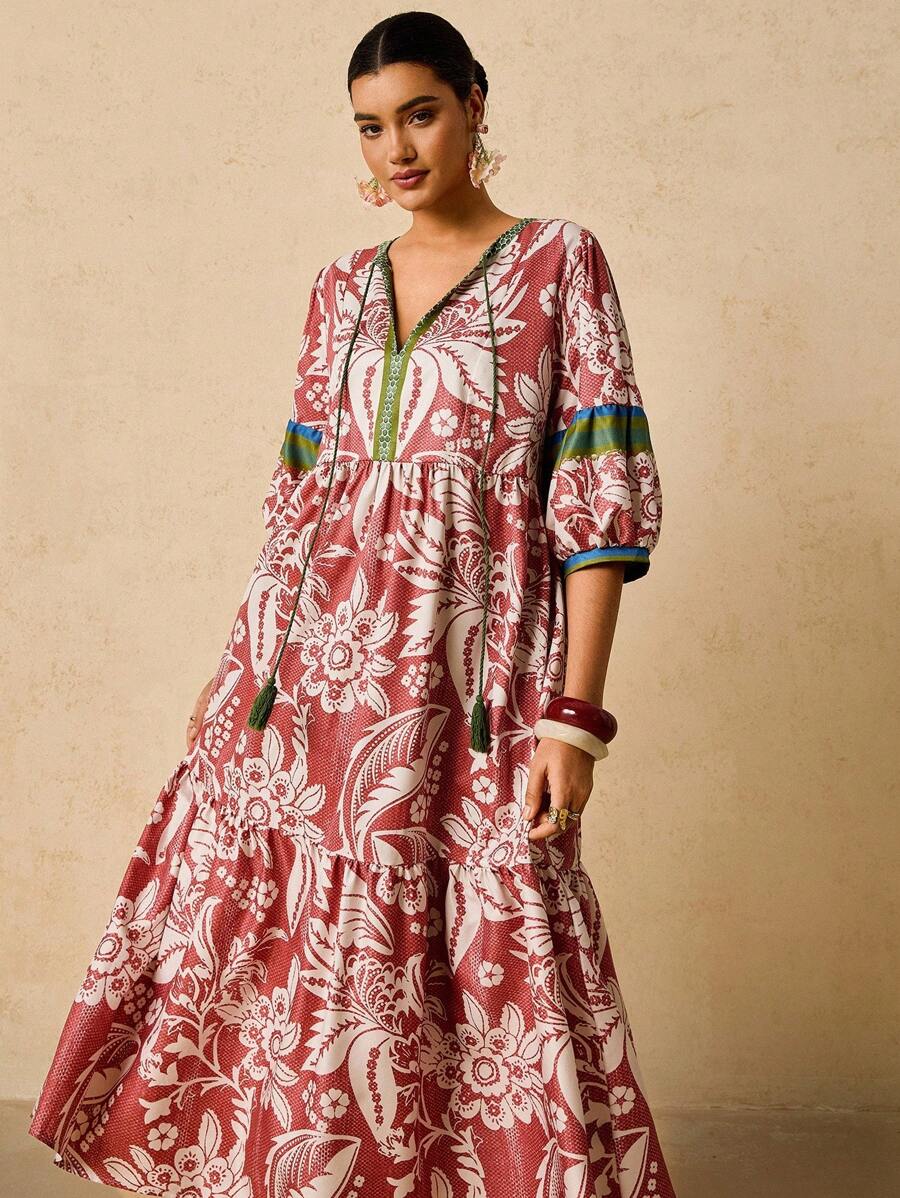 Travachic Plus Size Women's Pink & Green Tropical Plant Print Maxi Dress, V-Neck Tie Bow Long Sleeve Loose Casual Dress, Early Autumn Boho Dress Women Summer Dresses For Women With Sleeves Resort Dresses For Women Floral Print Dress French Dresses For Women Autumn Dress Going Out Dress Fall Clothes Fall Clothes Plus Size Autumn Clothes Wedding Guest Dress Elegant  Old Money Beach Outfits For Woman Resort Wear Women Ibiza Outfit