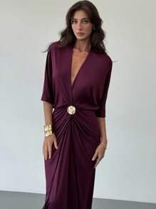 Aloruh 女式纯色重叠V领蝙蝠袖褶皱优雅连衣裙 - 紫色 - 查看 7