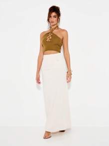 KIZN Top corto de punto metálico con cuello halter, detalles trenzados y cuentas doradas, diseño elegante sin mangas para uso en fiestas, eventos de verano y ocasiones especiales - Verde - Ver 3
