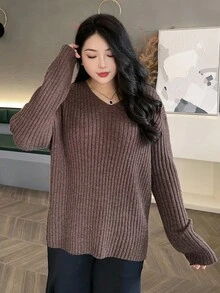 Dazy Plus V-Neck Solid Ribbed Loose Casual Plus Size Sweater For Women, Autumn - Brown - View 7
