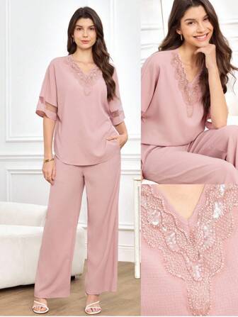 Miaspire 2pcs Elegant Customized Collar Flower Blouse Top, Pink Fabric For Women,Teacher Outfits For Women,Going Out Sets Women,Business Casual Woman, Old Money Set