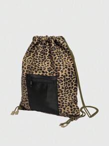 ROMWE Anime Vintage Leopard Print Large Capacity Multi-Pocket Drawstring Backpack Y2k Casual Fashion Unisex Backpack Suitable For Vacation, College, Party - Brown - View 3