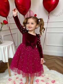 Young Girls Fashion Elegant Burgundy Star Sequin Mesh Tulle Dress, Jewel Neck, Long Sleeve, Bowknot Princess Party Dress, Spring/Autumn Burgundy Velvet Dress For Girls Girls Party Dress Long Sleeve Girls Dress Fall Winter  Princess  Halloween/Christmas Party Dresses For  Vacation  Autumn And Winter