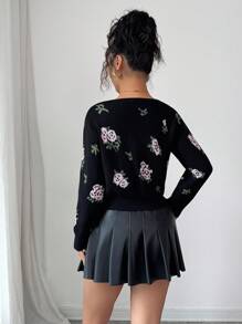 Modelyn 女士优雅花卉提花系带短款开衫 - 黑色 - 查看 2