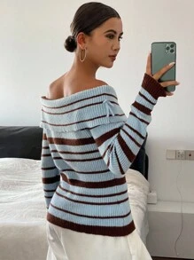 DAZY 女士优雅撞色条纹露肩长袖修身毛衣，秋冬 - 藍色 - 查看 2