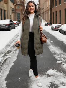 EMERY ROSE Plus Size Women Zipper Front Pockets Drawstring Hooded Sleeveless Winter Jacket,Winter Clothes,Chic Autumn&Winter Fall - Army Green - View 2