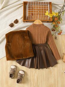 SHEIN 女童高档抓绒背心、长袖PU百褶裙和外套套装，秋冬女童棕色毛绒背心，仿皮草背心套装，棕色毛绒背心和裙子套装，女童秋冬套装，女童棕色仿皮裙 - 摩卡棕 - 查看 6
