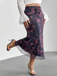 Firerie Elegant Floral Print Fitted Skirt, Plus Size - Multicolor - View 2