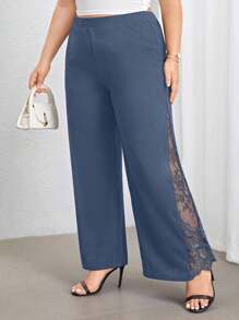 Firerie Plus Size High Waist Wide Leg Pants With Lace Panel And Side Slit, Elegant For Commute And Daily Wear, Spring/Summer