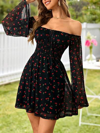 KARISMINA 女式樱桃印花前系带长袖露肩迷你连衣裙