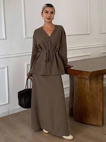 Livesso Women's V-Neck Tie Waist Top And Loose Fit Skirt 2 Pieces Set - Coffee Brown - View 4