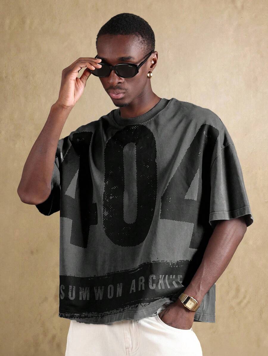 SUMWON Urban Aesthetic Distressed Effect Oversized T-Shirt Streetwear Graphic Print Design Number Art Casual Hip Hop Festival Summer Cool - Dark Grey - View 1