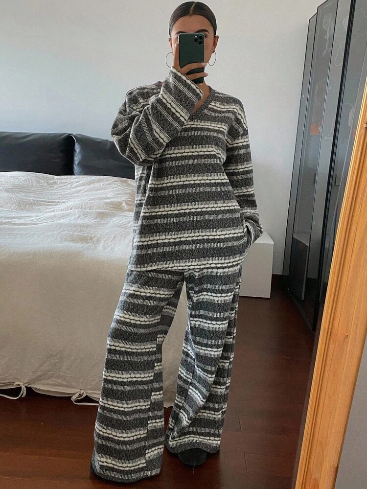 Women's Striped Casual Long Sleeve Top And Pants 2 Pieces Set Fall