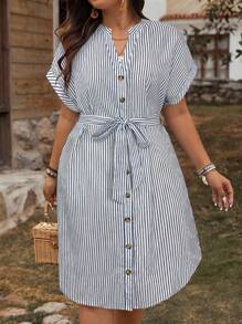 SHEIN LUNE Plus Size Women Blue And White Striped Belted Mid-Length Dress - Navy Blue - View 3