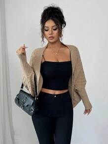 Elenzga 女式卡其色休闲套头开衫，复古街头风格，适合节日、独立日、音乐会、办公室、约会、职业装，蝙蝠翼廓形，中长款，优雅百搭的针织毛衣，秋冬 - 卡其色 - 查看 7