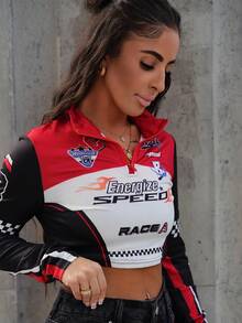 SAYEHFBABY Women's Streetwear Ricing Game Day Stretchy Knit Graphics Quarter Zip Cropped Slim Fit Turtleneck Tops With Sleeves - Red and Black - View 4