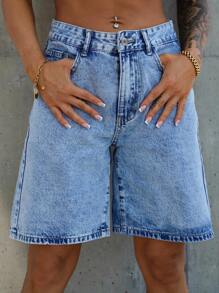 SAYEHFBABY Pantalones cortos informales tipo bermuda de mezclilla holgados para mujer con bolsillos - Lavado ligero - Ver 1