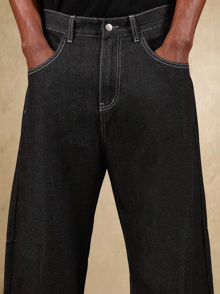 Wide Leg Balloon Fit Denim Jeans With Logo Print