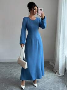 Elenzga 女款2025春秋圆领露背纹理长袖连衣裙 - 藍色 - 查看 3