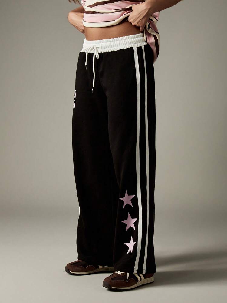 MISSGUIDED Varsity Wide Leg Track Pants Collegiate Style Joggers With Star Details Drawstring Waist Lounge Sweatpants Fall Winter Casual Comfort Streetwear