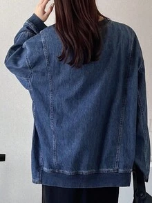 FRIFUL 女式休闲水洗落肩宽松牛仔衬衫 - 藍色 - 查看 7