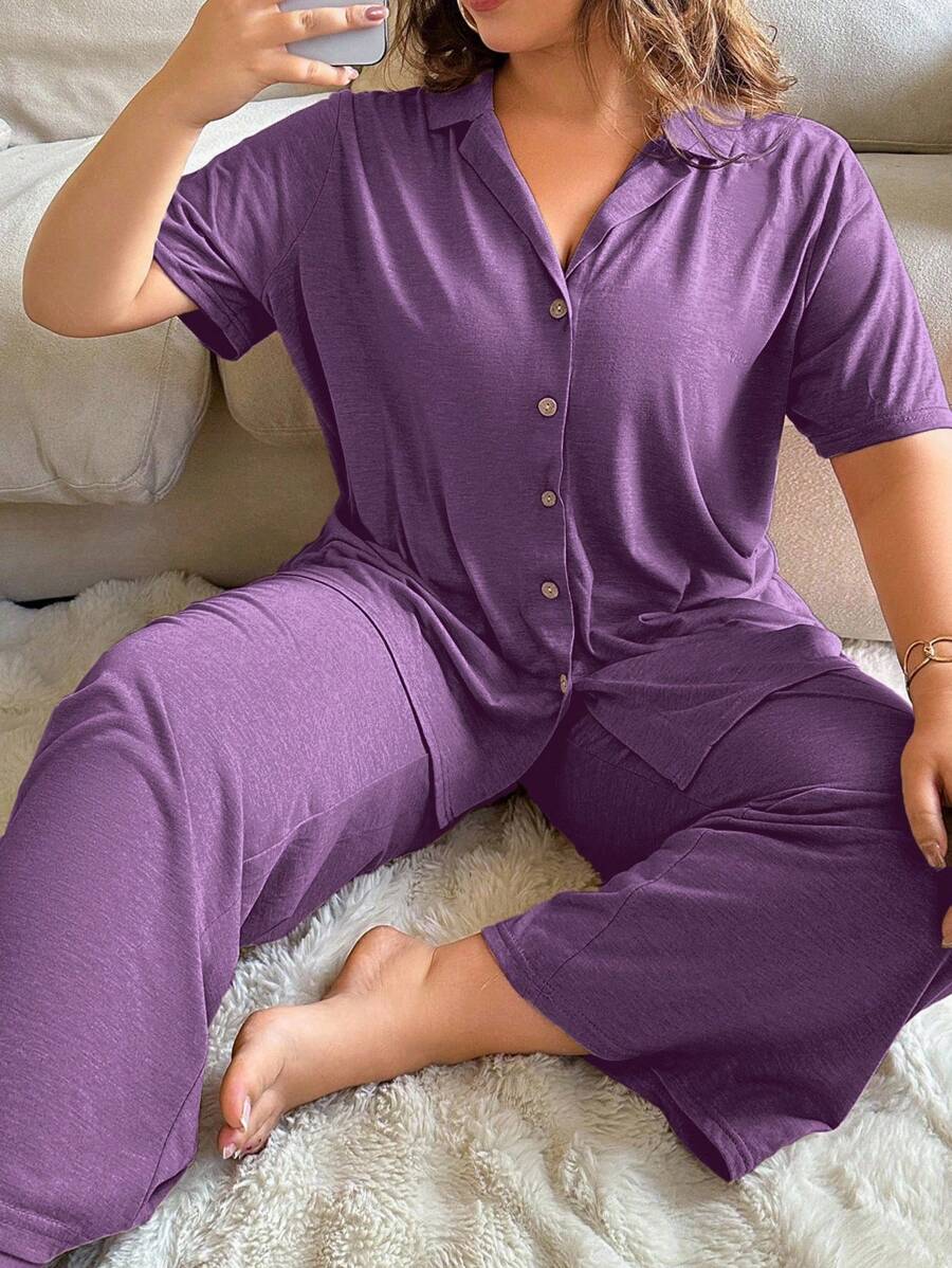 SHEIN Plus Size Simple Solid Color Soft & Skin-Friendly Button-Up Pajama Set, Outfits - Purple - View 1