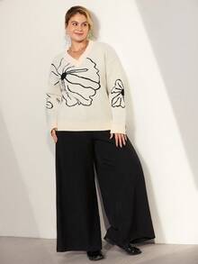 Momelise Plus Size Floral Pattern Knit Sweater, Casual For Autumn/Winter Fall Cloth For Women - Multicolor - View 5