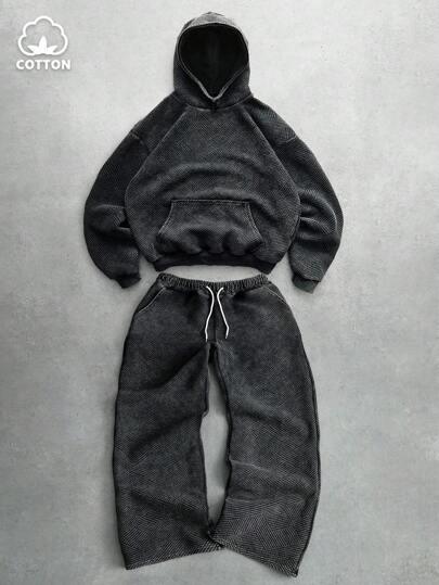 Manfinity EMRG 男士街头风流行 INS 搭配全格子做旧水洗纹理面料连帽衫套装，适合户外音乐节、夜总会、酒吧、男友丈夫礼物、周年纪念礼物、秋装