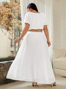Vionelle Plus Size Women's White Summer Elegant Silky Holiday Chiffon Solid Color Round Neck Pleated Short Sleeve Top,Elastic Waist Flared Long Skirt 2pcs Set - White - View 2
