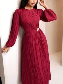 Veilorie Women's Round Neck Lantern Sleeve Waist Metal Flower Decor Elegant Dress - Burgundy - View 2