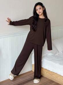 DAZY 青少年女孩休闲家居服睡衣，秋季 - 咖啡棕 - 查看 7