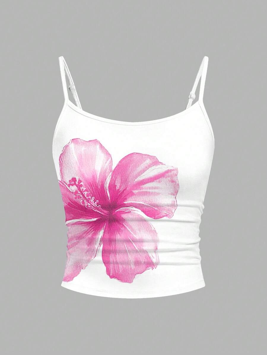 SHEIN Leap Crew Tween Girls' Fitted Casual Sports Camisole Basics Flower Tank Top White Crop Top Teen Teen Girl Summer Top Hibiscus Tank Top Pink Hibiscus Top