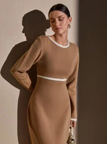 CLARA VERO DAMEN BEIGE LANG GESTRICKTES BODYCON KLEID - 7GG - HOHER SCHLITZ - LANGARM - WEISSE KANTENVERZIERUNG - HOHE ELASTIZITÄT - ELEGANTER STIL - Beige - Übersicht 6