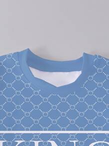 SHEIN 1 套男婴服装，全身几何图案印花，“KING”字母装饰，短袖 T 恤和短裤，休闲日常穿着，春夏季时尚之选 - 彩色 - 查看 4