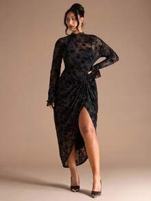 SHEIN BAE Plus Size Women's Early Autumn Flocked Flared Sleeve Stand Collar Split Pleated Dress/Wedding Guest Dress Women,Wedding Guest Dress,Fall Wedding Guest Dress,Plus Size Woman Dresses,Dresses Classy Elegant/Long Sleeve Dress ,Curvy Elegant Dresses For Party,Valentine's Day,Valentine Outfits For Women