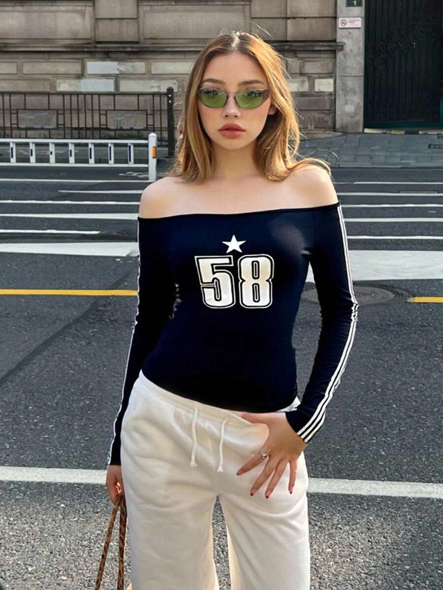 SHEIN Teen Girls' Off-Shoulder Cropped Letter Print T-Shirt, Fitted Cut, Graphic Tee, Casual, Streetwear, Y2K, Back To School - Black - View 1