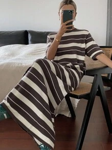 Livesso Women's Summer Round Neck Short Sleeve Striped Knit Dress Women Sweater Dresses Sundress Maxi Dress - Brown - View 1