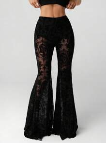 SHEIN ICON Women's Exaggerated Flare Lace Sheer Long Pants,Fall - Black - View 1