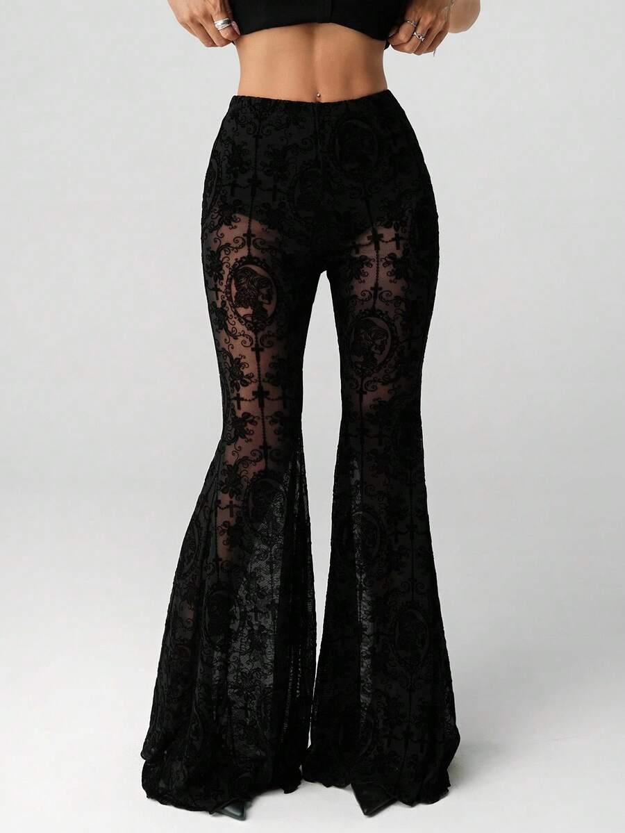 SHEIN ICON Women's Exaggerated Flare Lace Sheer Long Pants,Fall - Black - View 1