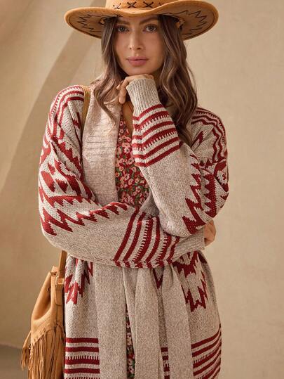 Wildy Casual American Country Style Long Sleeve Geometric Bohemian Fair Isle Pattern Knit Cardigan For Women, Knitted Cardigan Boho Christmas Winter Country Concert Western Wear,Fall