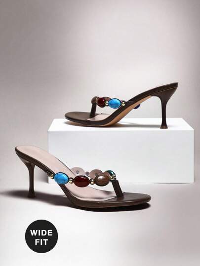 Hauture 女士宝石装饰细高跟日常复古性感沙滩优雅 PU 棕色高跟凉鞋