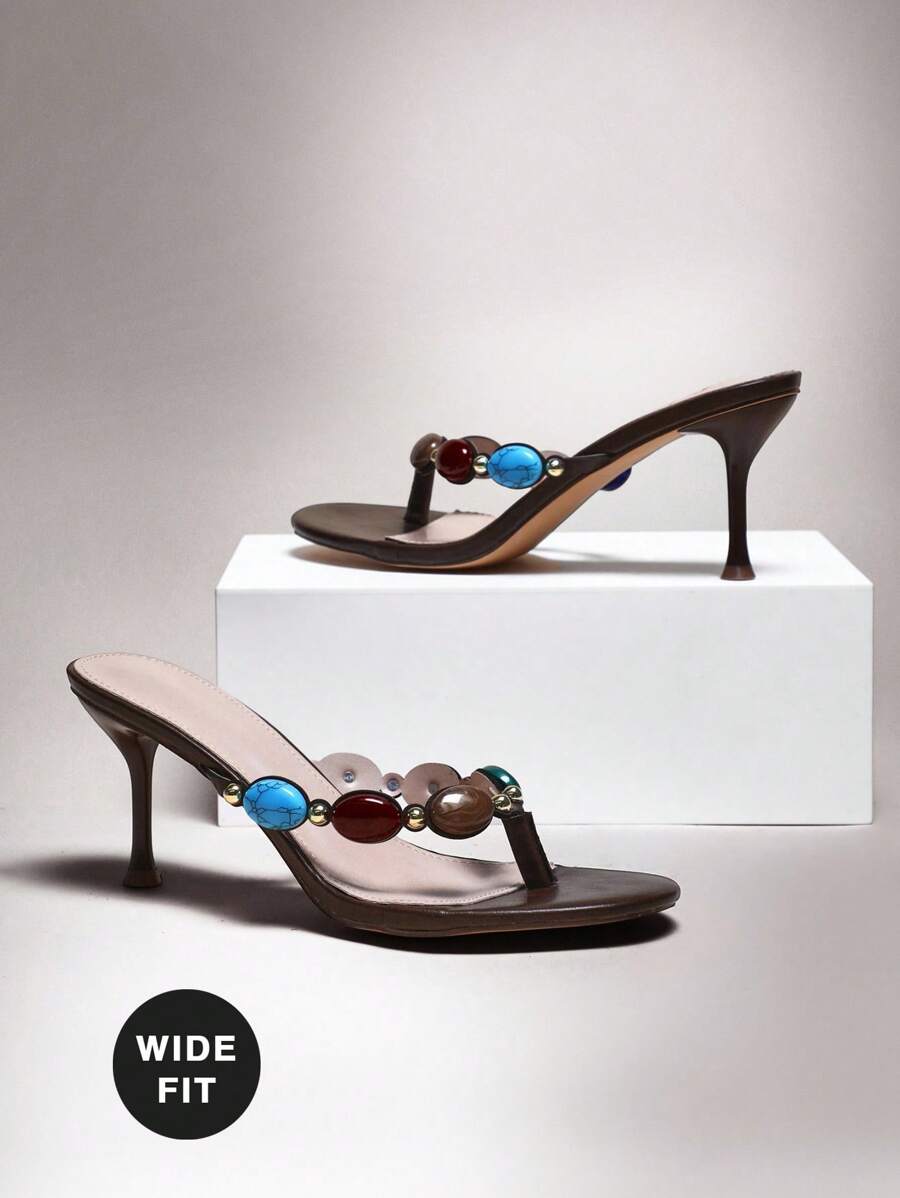 SHUZIA 女士宝石装饰细高跟日常复古性感沙滩优雅 PU 棕色高跟凉鞋 - 棕色 - 查看 1