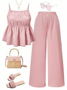 SHEIN Tween Girls' Casual Sweet Textured Crinkle Fabric Drawstring Sleeveless Top & Wide Leg Pants 2 Pieces Set, Suitable For Daily, Commute, Holiday, Sisterhood Street Style, Spring/Summer