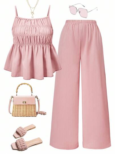 SHEIN Sparklyn Tween Girls' Casual Sweet Textured Crinkle Fabric Drawstring Sleeveless Top & Wide Leg Pants 2 Pieces Set, Suitable For Daily, Commute, Holiday, Sisterhood Street Style, Spring/Summer