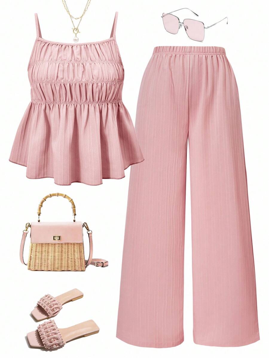 SHEIN Tween Girls' Casual Sweet Textured Crinkle Fabric Drawstring Sleeveless Top & Wide Leg Pants 2 Pieces Set, Suitable For Daily, Commute, Holiday, Sisterhood Street Style, Spring/Summer