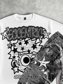 Manfinity ZONE917 Men's Loose Letter & Cartoon Character Print Short Sleeve T-Shirt And Pants Set - Grey - View 2