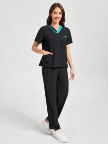 Scrubzie Bộ đồng phục quần áo và cổ áo màu tương phản, bộ đồ phẫu thuật đa năng - màu đen - Xem 7